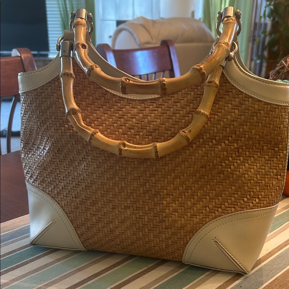 Ann Taylor Straw and Leather Purse with Bamboo Handles and Cream Trim